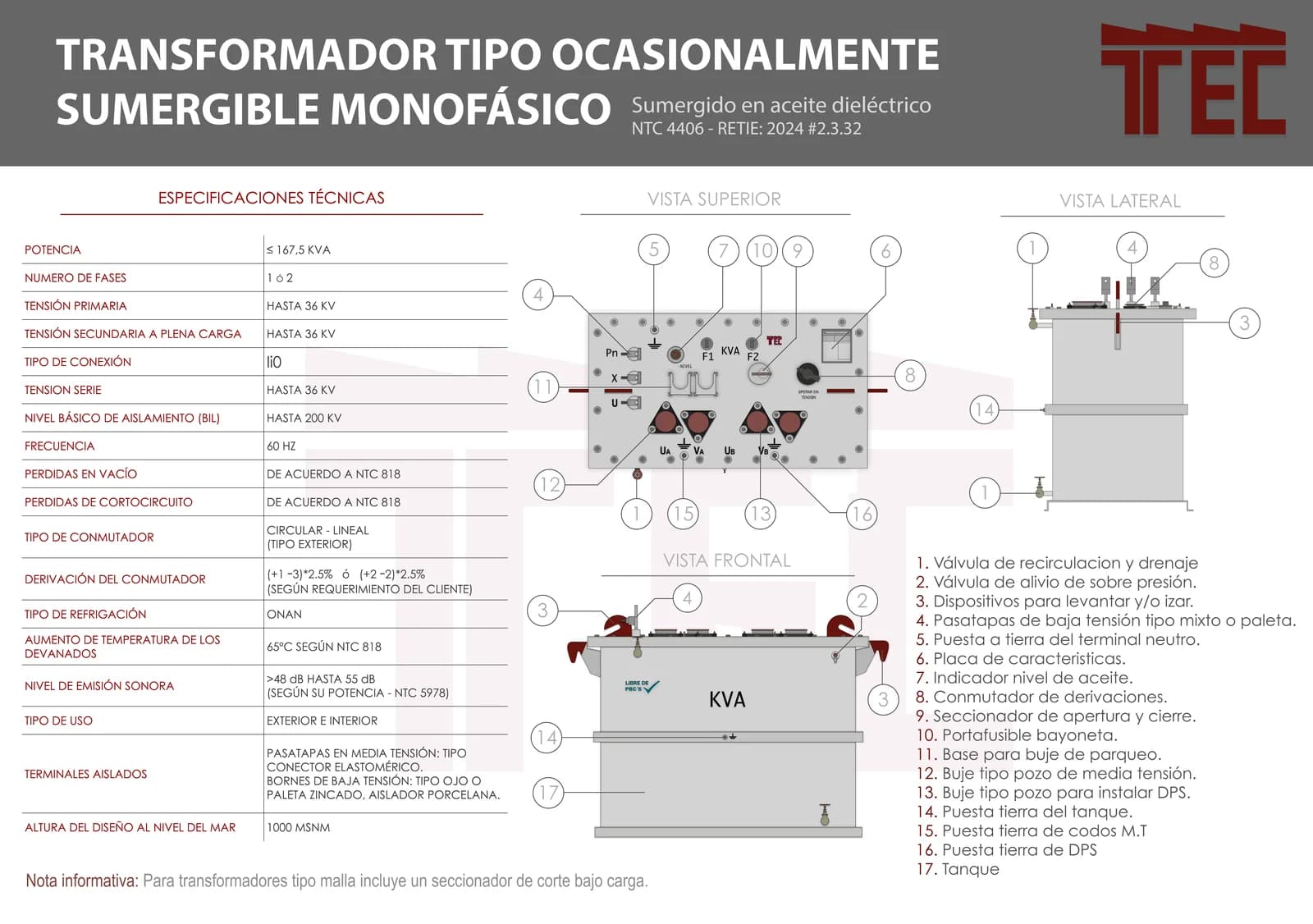 Ficha técnica Transformador ocasionalmente sumergible monofásico