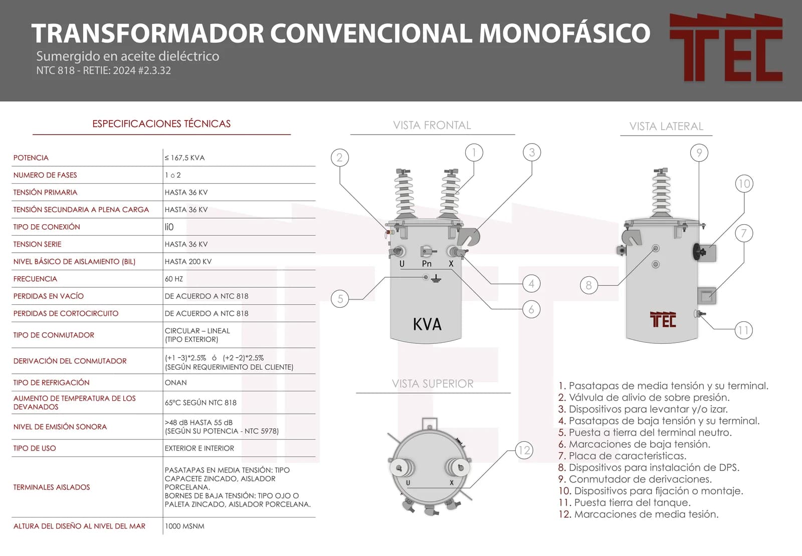 Ficha técnica Transformador convencional monofásico