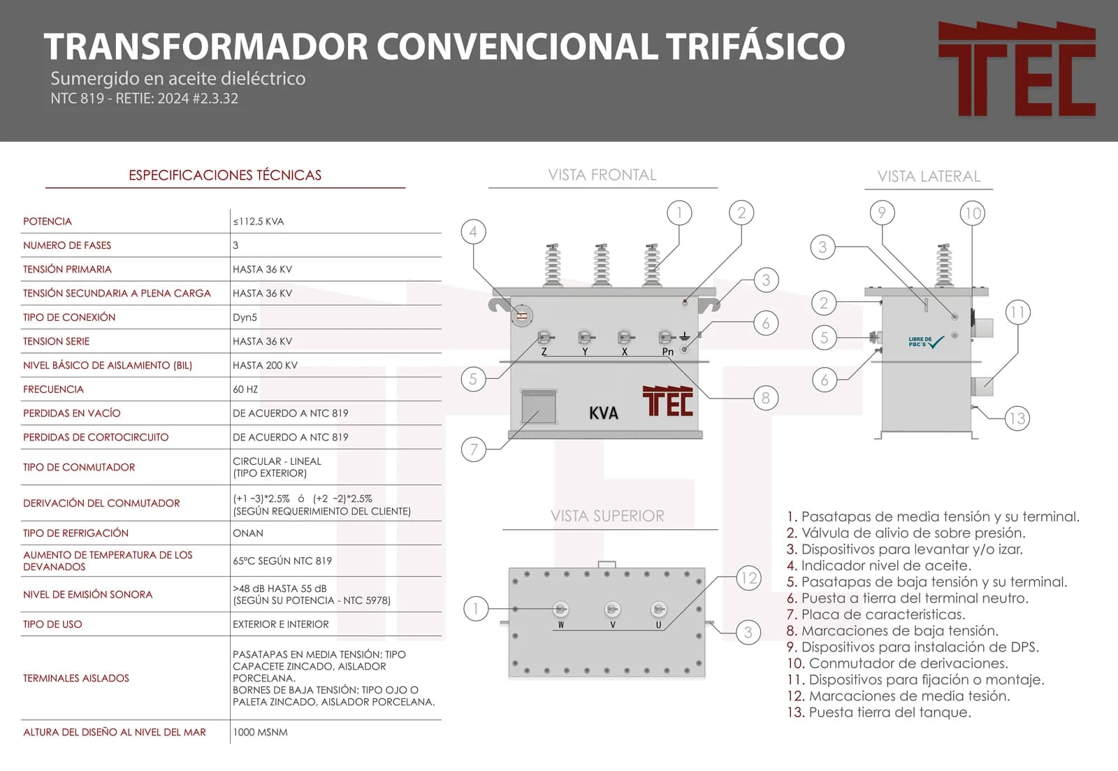 Ficha técnica Transformador convencional trifásico